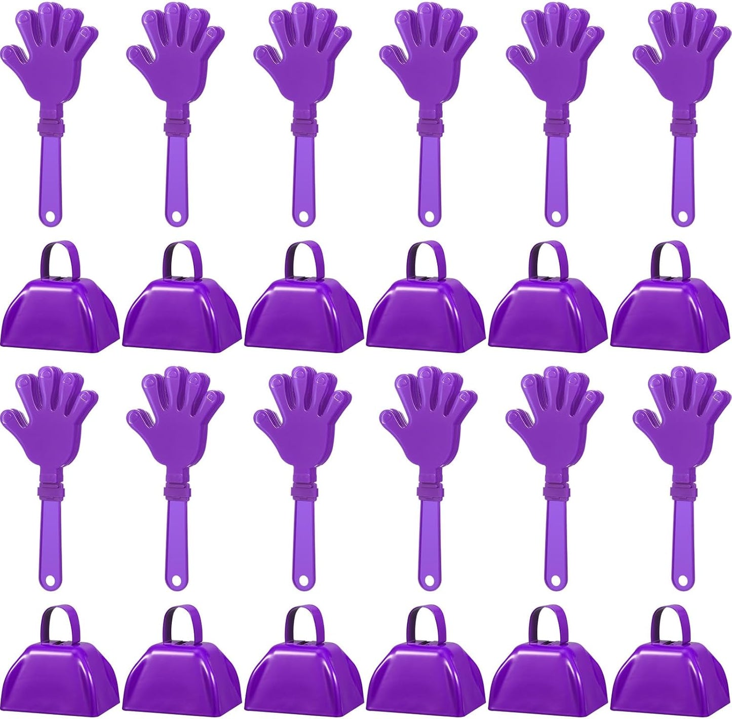 24 Pcs Hand Clappers and Metal Cowbells Noise Makers Cheering Clappers Cow Bells Handle Cheers Dance Basketball Football Noise Makers Sporting Events Graduation School Sports Party (Purple)