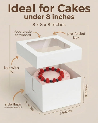 20pcs Cake Boxes 8 Inch, 8x8x8 Boxes for Cakes, Pies, Treats, Small 8x8 Cake Boxes with Window, White Bakery Boxes, Cajas para Pasteles de 8 Pulgadas for Wedding, Birthday, Valentines Day, Christmas