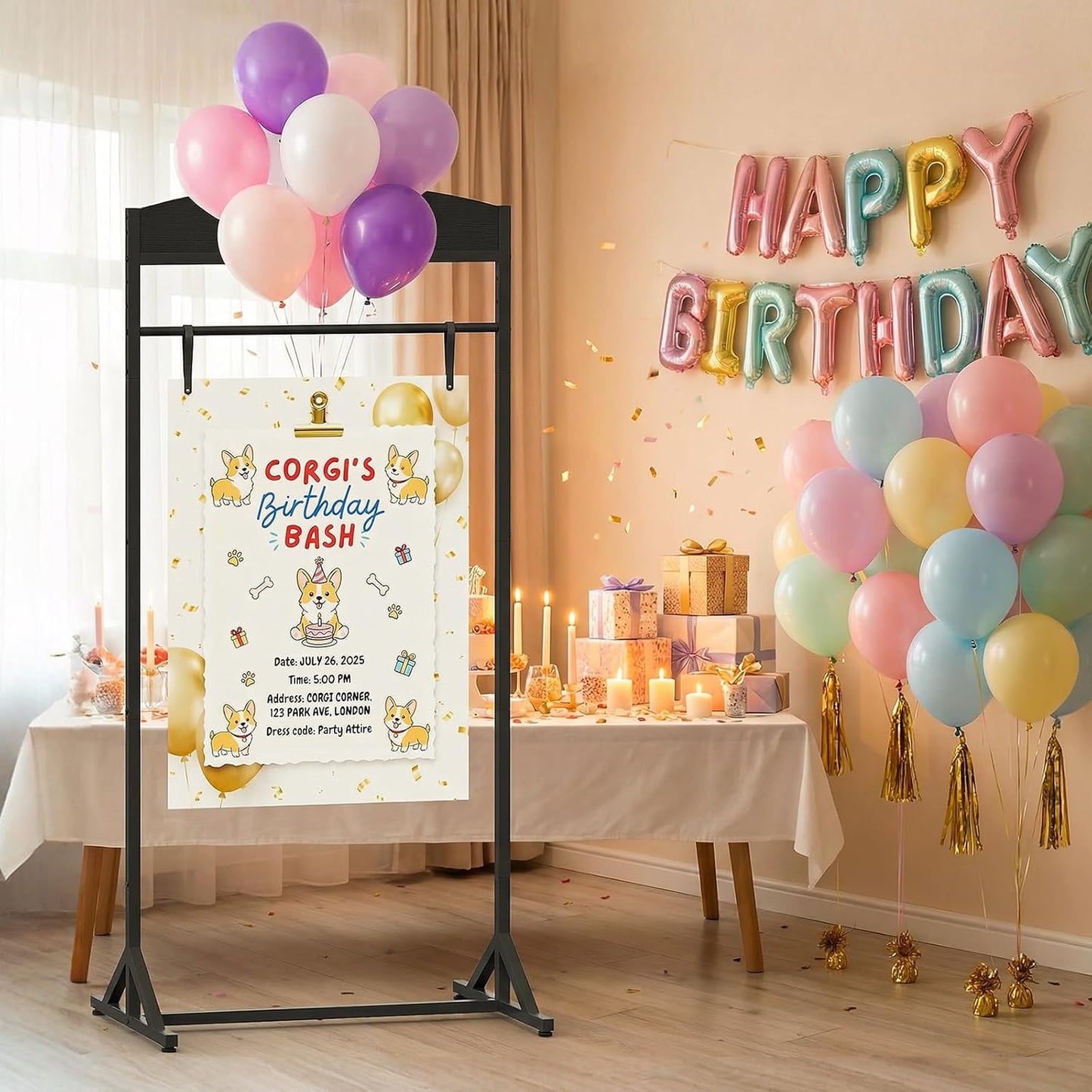 CHOEZON Wedding Welcome Sign Stand, Adjustable Wedding Sign Holder with 4 Leather Straps, 68"x31" Floorstanding Metal Poster Stand with Tripod Base, Display Stand for Wedding, Party, Black TCJ23BB