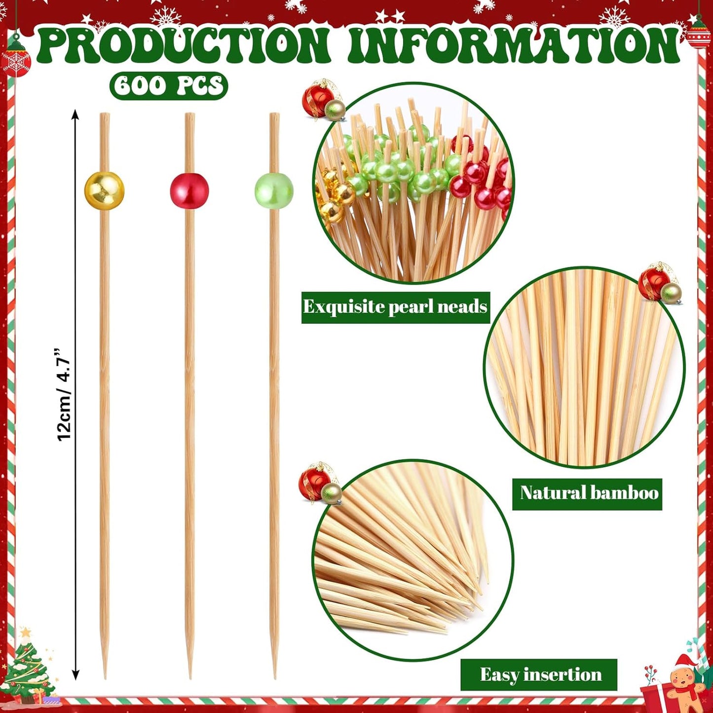 Reallnaive 600 Pcs Cocktail Pick Pearl Fancy Toothpick for Appetizer 4.7 Inch Long Skewer for Drink Fruit Food Bamboo Stick Wedding Bridal Shower Decoration Charcuterie Accessories (White)