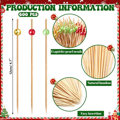 Reallnaive 600 Pcs Cocktail Pick Pearl Fancy Toothpick for Appetizer 4.7 Inch Long Skewer for Drink Fruit Food Bamboo Stick Wedding Bridal Shower Decoration Charcuterie Accessories (White)