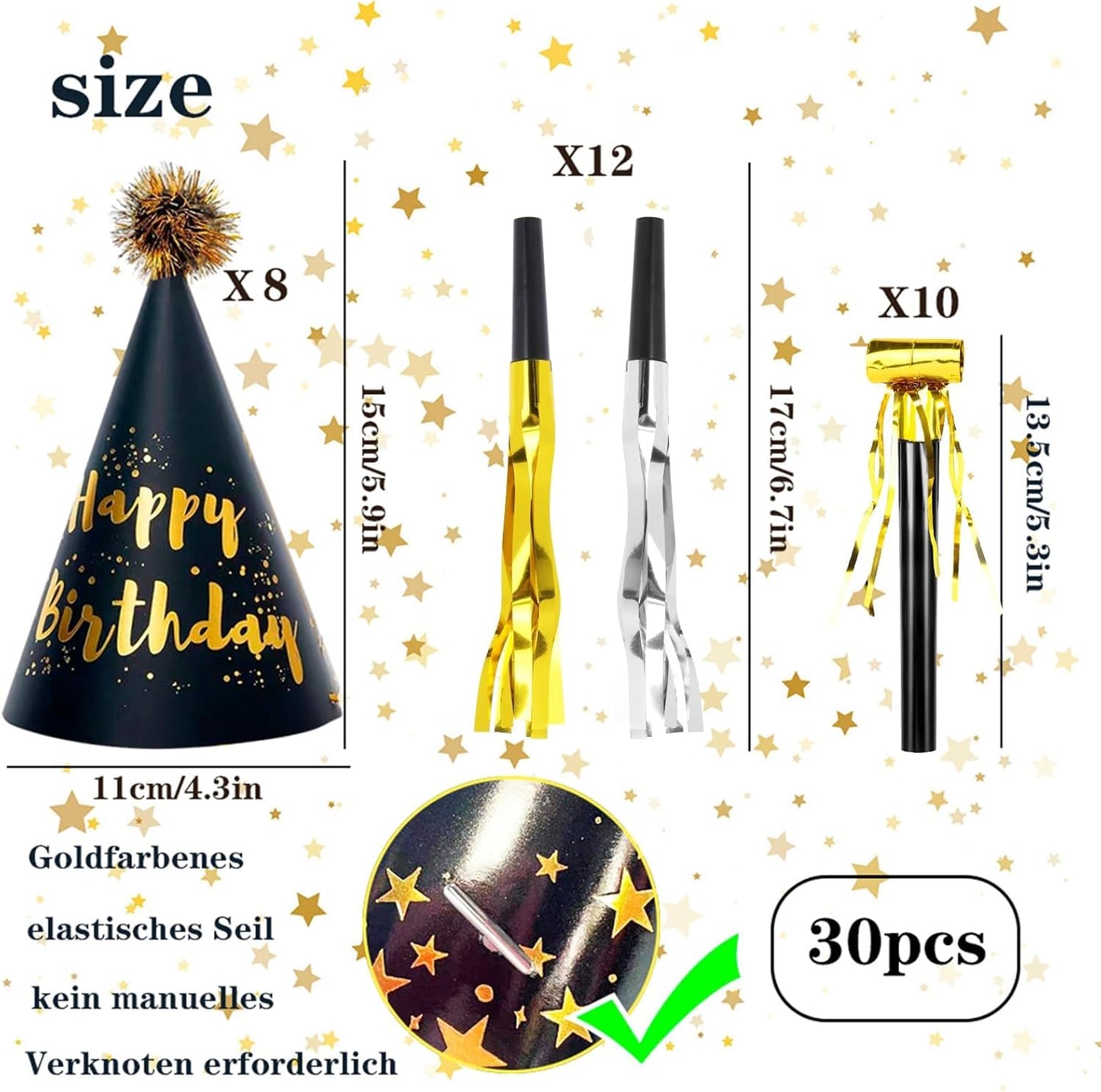 JOYEONDEF 30 Pcs Gold Birthday Party Hats Cone Hats Includes 8 Birthday Paper Hats and 22 Noise Makers