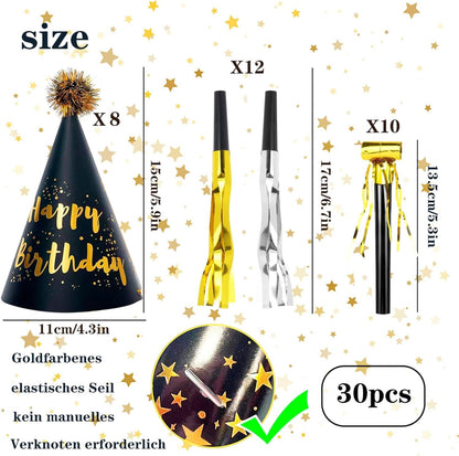 JOYEONDEF 30 Pcs Gold Birthday Party Hats Cone Hats Includes 8 Birthday Paper Hats and 22 Noise Makers