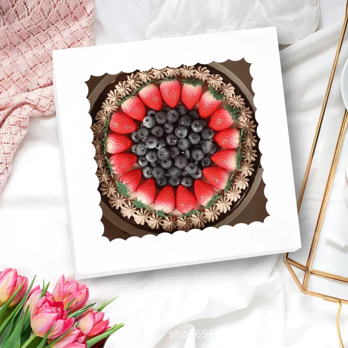3 - Pack 8×8×8 Inch White Cake Boxes, Reinforced Cardboard with Scalloped Window, Perfect for Professional Bakery Presentation