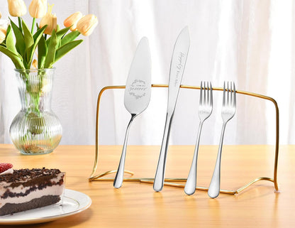 Wedding cake cutting set, Sliver Wedding Presents for Couples, 4 Pieces Set with Forks for Engagements, Bridal Shower Anniversary Engagement Presents For Mr and Mrs
