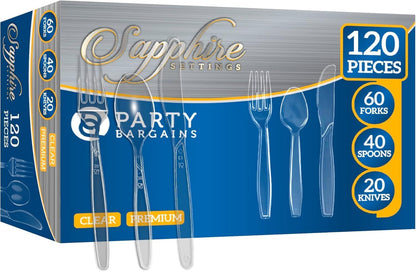 Party Bargains Disposable Cutlery set, SAPPHIRE Design, Clear Color, 360 Pieces: 180 Forks, 120 Spoons, 60 Knives
