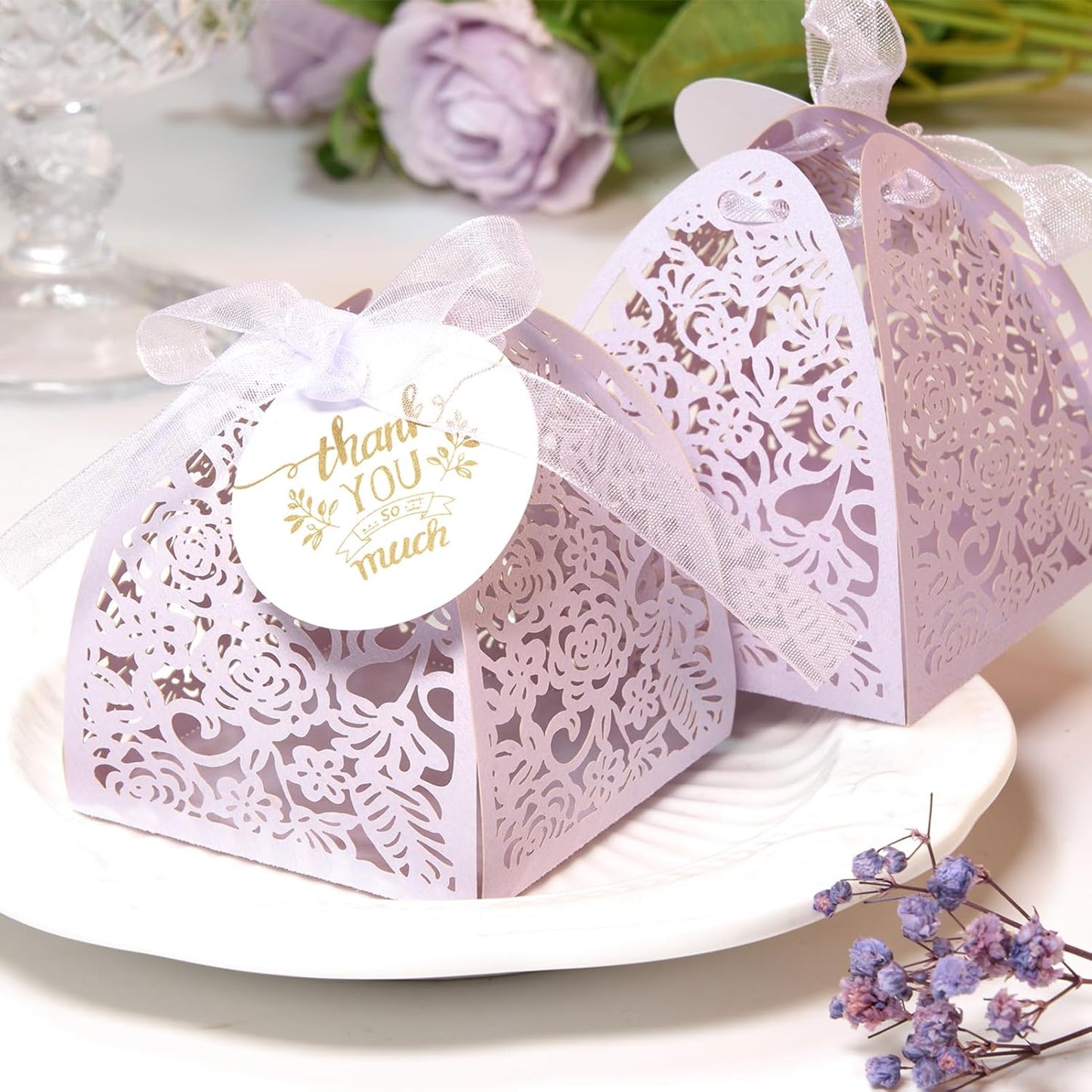 AdasBridal 50Pcs Small Gift Boxes for Party Favors, Laser Cut Candy Boxes Wedding Favor with Thank You Card Ribbons for Bridal Baby Shower Wedding Decorations (White, 2.36")