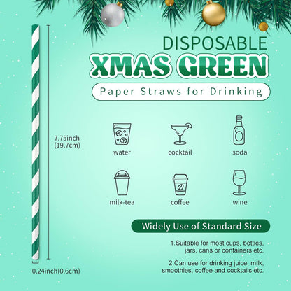PakTalk 100 Pack Red Straws, Disposable Red and White Biodegradable Paper Striped Straws for Cocktail, Milkshake, Coffee, Lemonade (0.24" x 7.75")