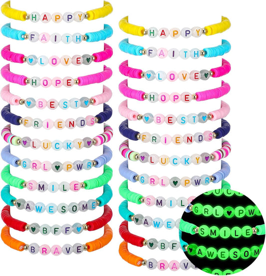 Sureio 24 Pcs Friendship Bracelets Bulk Colorful Glow in The Dark Bracelets Back to School Glow Friendship Gifts Beaded Letter Heart Surfer for Girls Women School Tween Girl Party Favors