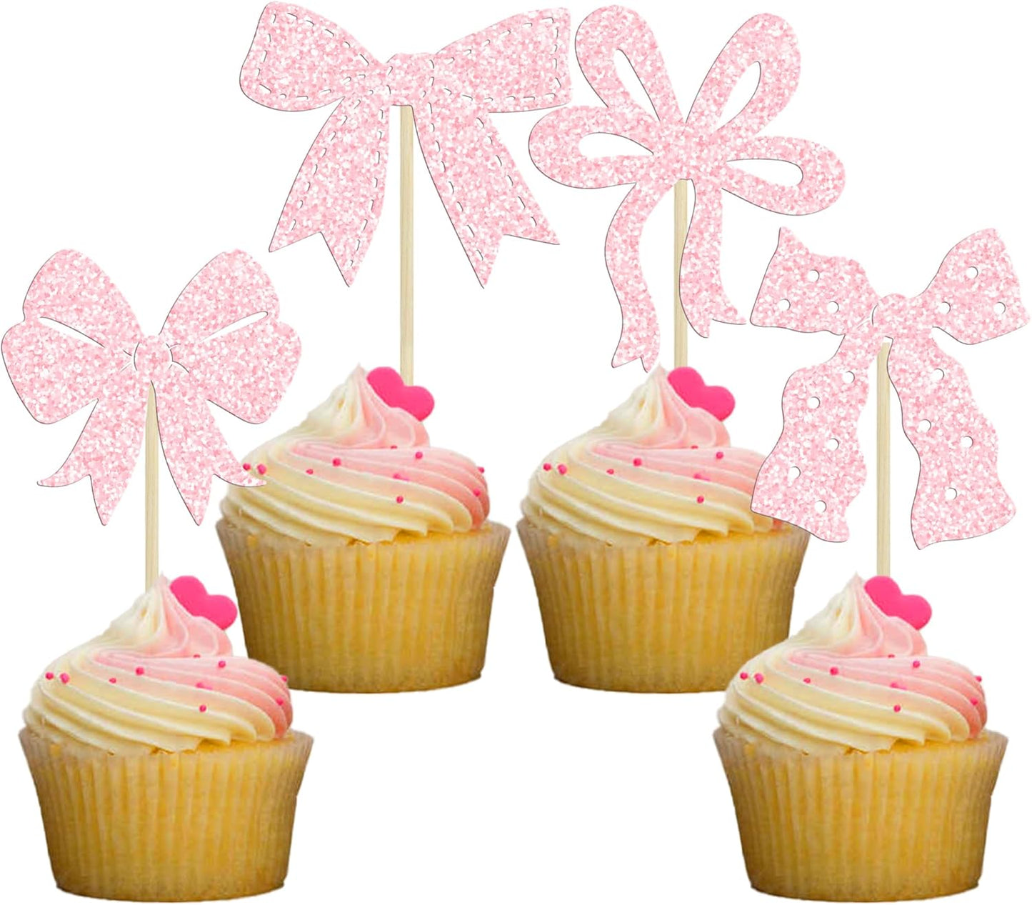 Ephlyn 24Pcs Pink Bow Cupcake Toppers Bow Birthday Cake Topper Girls Birthday Party Decorations Bowknot Cupcake Decorations for Bridal Wedding Themed Party Multi