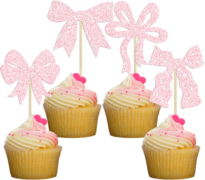 Ephlyn 24Pcs Pink Bow Cupcake Toppers Bow Birthday Cake Topper Girls Birthday Party Decorations Bowknot Cupcake Decorations for Bridal Wedding Themed Party Multi