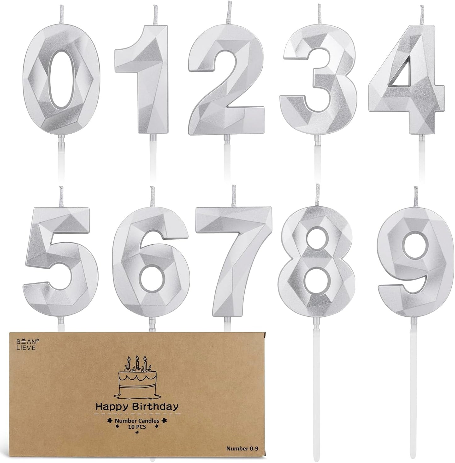 BEAN LIEVE Number Candles 0-9 Set - 10-Pack Diamond-Cut Birthday Candles, Cake Candles - Bulk Cake Decor for 1st-98th Birthdays, Photos, Parties - Kids Women Family Celebrations (Champagne Gold)