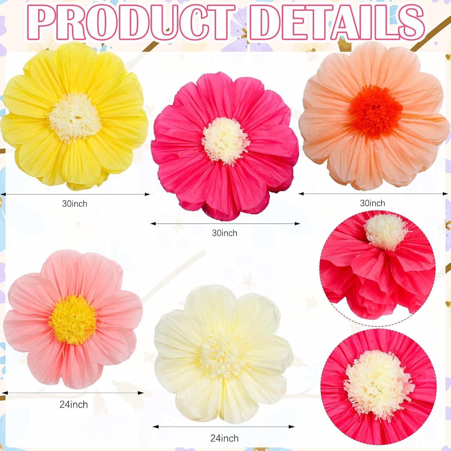Chunful 5 Pcs 30'' 24'' Gaint Pastel Tissue Paper Flowers Decoration Large Hanging Tissue Paper Pom Poms Decor for Pastel Birthday Bachelorette Wedding Baby Shower Bridal Shower Easter Party Decor