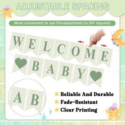 Hahafelt 1 Pcs Blue Gingham Welcome Baby Boy Banner for Baby Shower Party Decorations Pre Strung Gender Reveal Paper Banner for Table, Wall, Mantel Display Party Decor Supplies