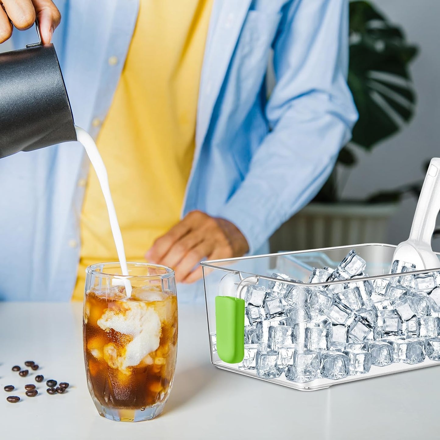 Havawish Ice Storage Bin and Flexible Scoop Set Plastic Freezer Bin with Pull Out Handle Storage Bucket Clear for Container with Scoop(Grey,10.83 x 4.92 x 4.33 in,Classic)