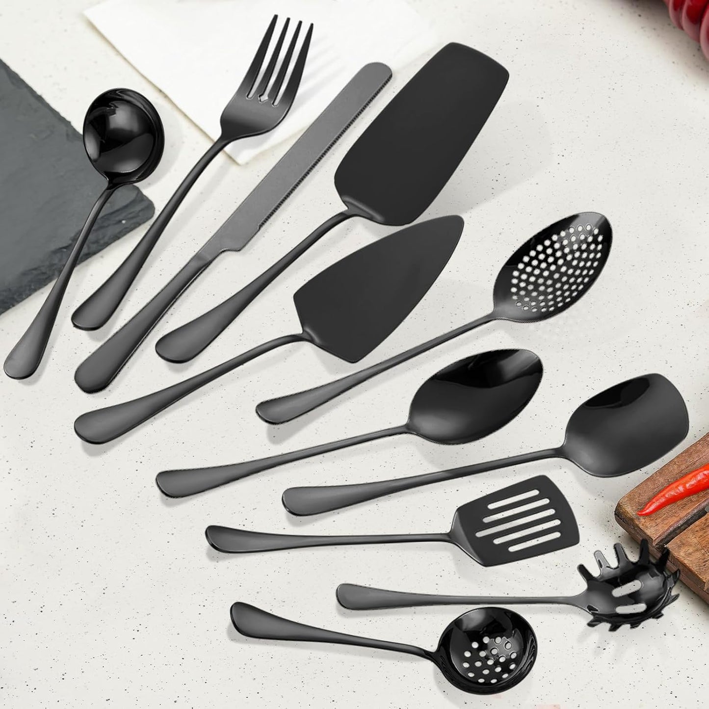 Stainless Steel Serving Utensil Set 10-Piece Buffet Flatware Catering Silverware with Bread Tong,Cake Spatula,Serving Ladles,Salad Fork,Cheese Knife,Large Spoon for Parties Buffet