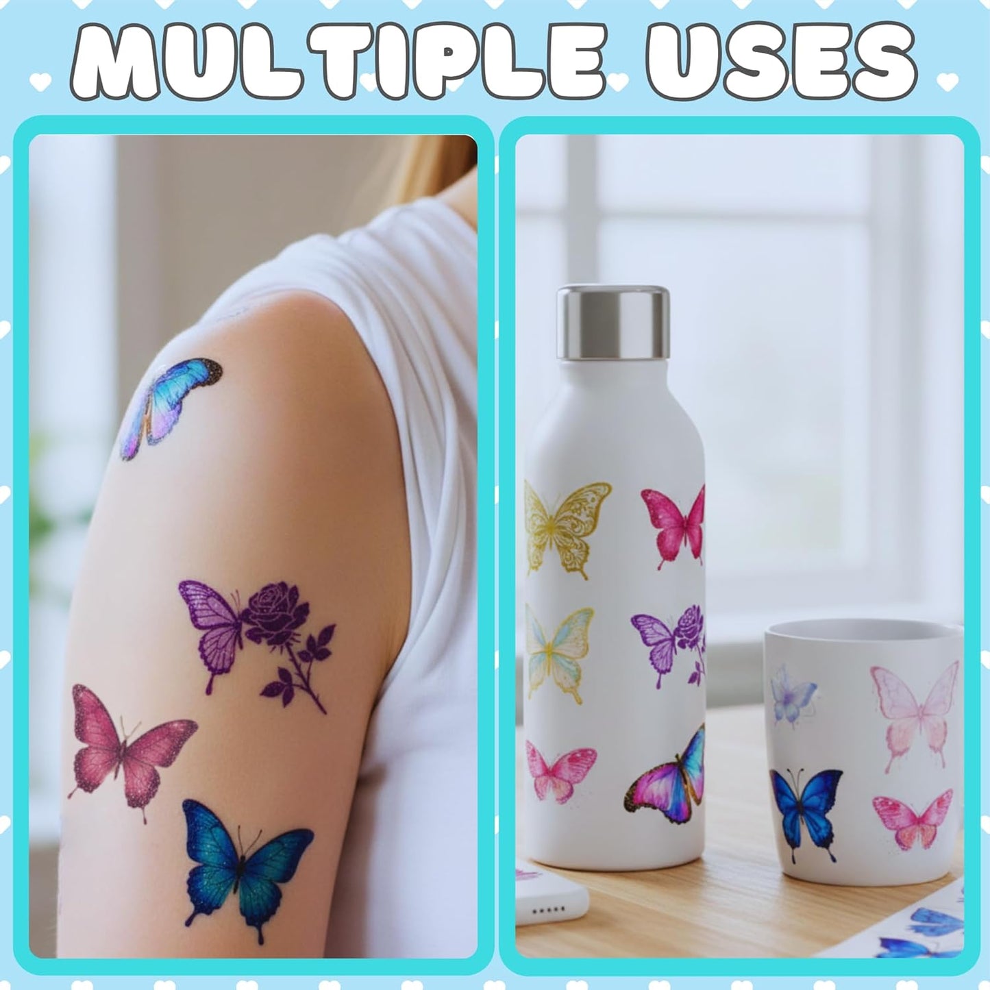 Glitter Butterfly Temporary Tattoos | Butterfly Themed Birthday Party Decorations Party Favors Supplies Accessories Stickers Gift Idea For Kids Boy Girl Teen Adult 60Pcs 4 Sheets Pre-cut