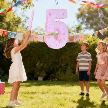 Pink Number 4 Piñata with Pinata Stick & Blindfold for Kids Girls Boys 4th Birthday Party Decorations Carnival Games with Hair Claw Clip Gift (Number 4)