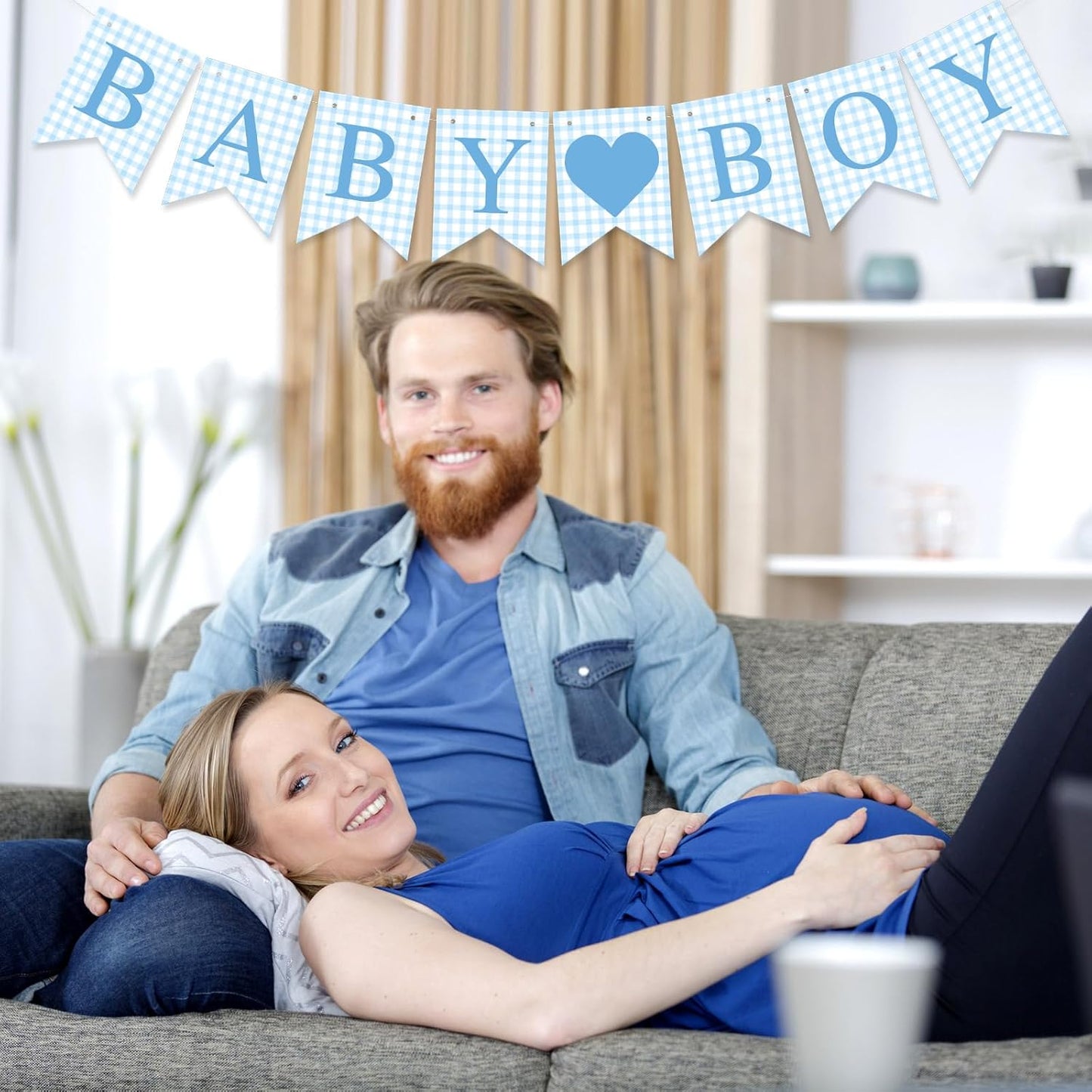 Hahafelt 1 Pcs Blue Gingham Welcome Baby Boy Banner for Baby Shower Party Decorations Pre Strung Gender Reveal Paper Banner for Table, Wall, Mantel Display Party Decor Supplies
