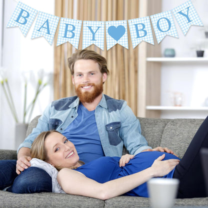 Hahafelt 1 Pcs Blue Gingham Welcome Baby Boy Banner for Baby Shower Party Decorations Pre Strung Gender Reveal Paper Banner for Table, Wall, Mantel Display Party Decor Supplies