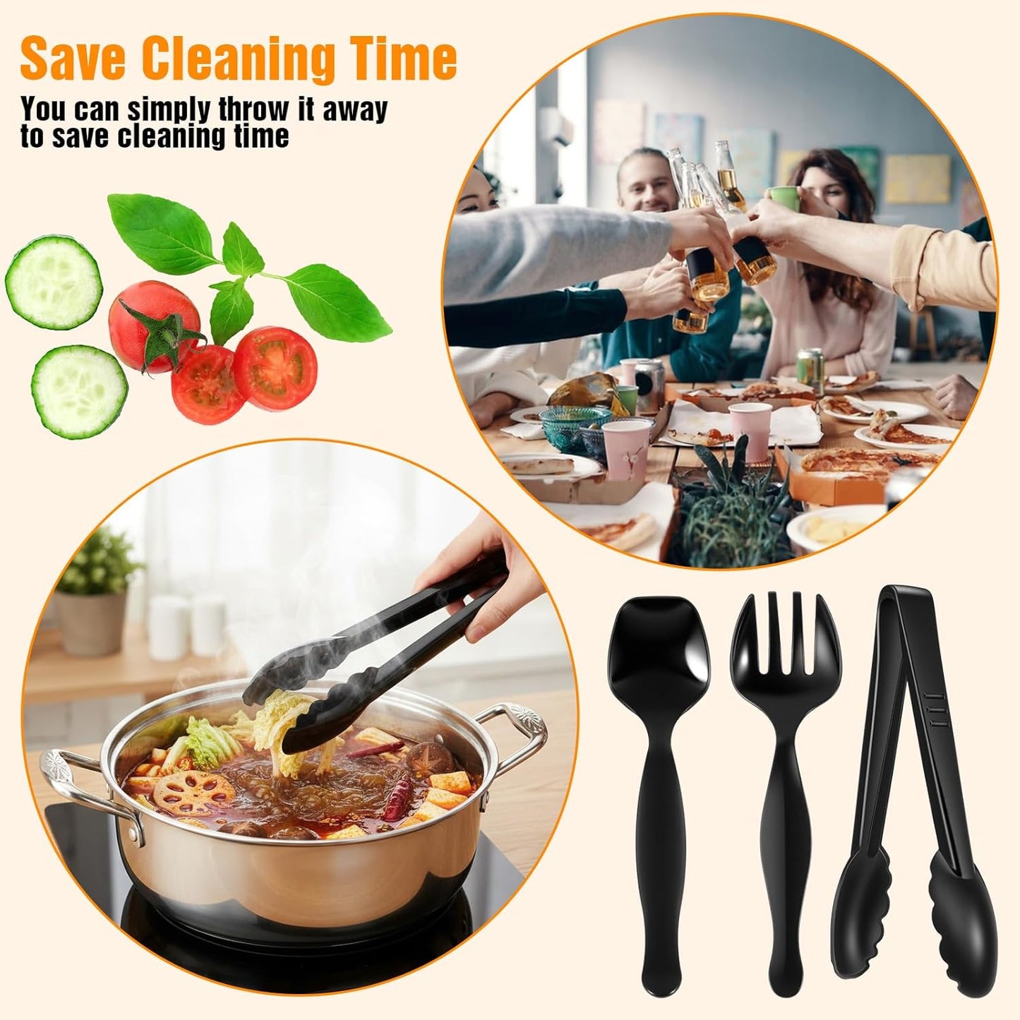 36Pcs plastic serving utensils serving utensil Set Servings Utensils Disposable Black Include 6.3"Plastic Servings 9.75"Servings Spoons 9.75"Servings Forks for 12 sets for Dinner Parties