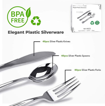 Gold Plastic Silverware Set (160 Bulk Pack) Disposable Cutlery Utensils, 80 Gold Forks, 40 Gold Knives, 40 Gold Spoons, Heavy Duty Flatware For Holidays, Parties, Dinners, Weddings, and Occasions