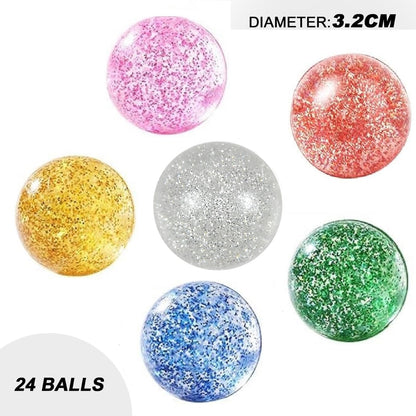 24 Pcs Glitter Bouncy Balls for Kids, 32mm 6 Colors Rubber Bounce Balls Bulk for Party Favors, Goodie Bag Fillers, Easter Gift Bag Stuffers, Basket Stuffers, Classroom Prizes