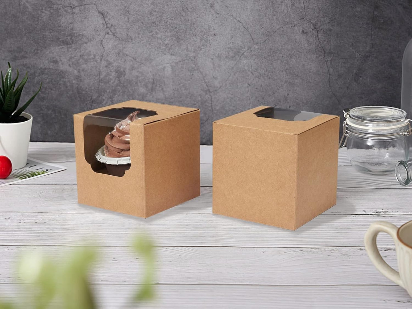 100 Pcs Kraft Brown Cupcake Boxes Individual Bulk Paper Cupcake Containers Single with Insert and Window, Pop up Cookie Boxes and Cocoa Bombs Boxes Packaging for Bakery Gift Giving