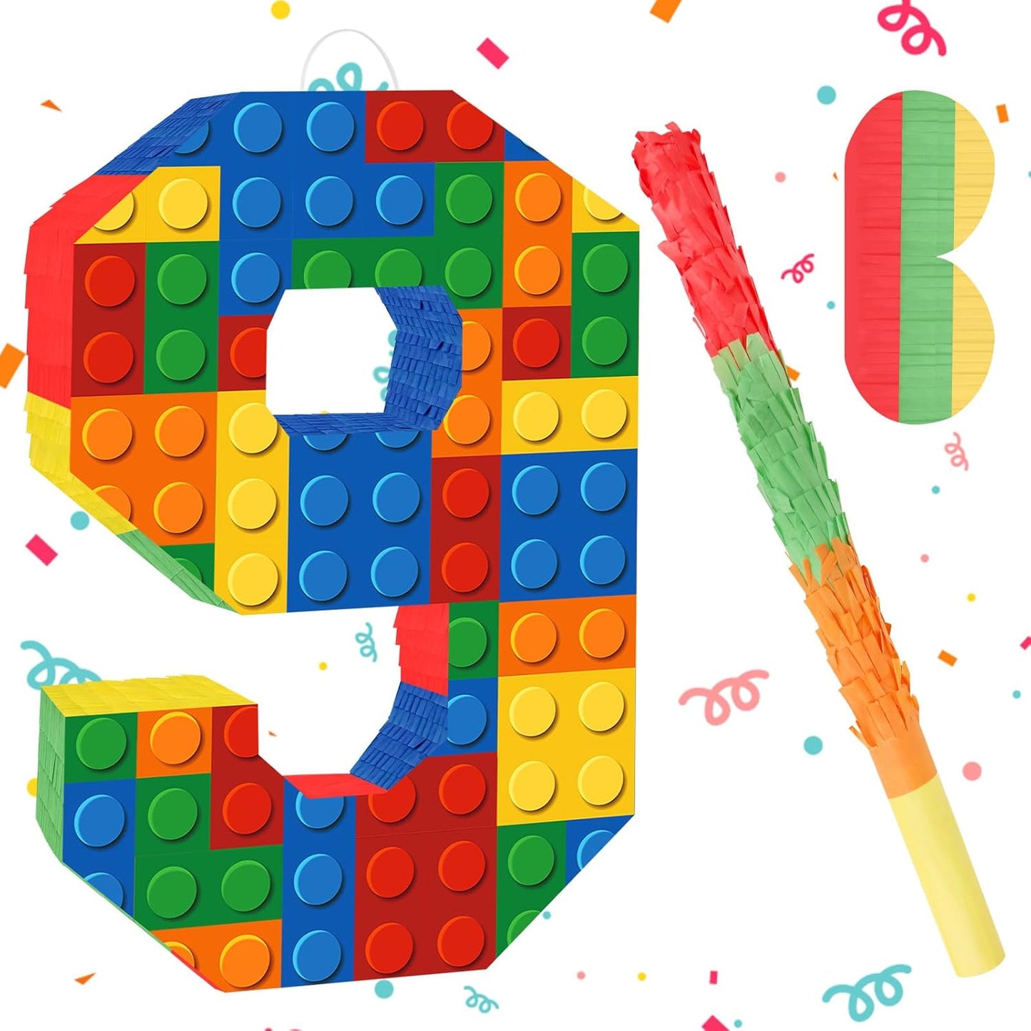 Number 7 Pinata Building Blocks with Pinata Stick Blindfold 7th Birthday Party Decorations Happy Birthday Building Block Theme Anniversary Party Supplies for Kids (Small, 16 x 10.6 x 3 in)