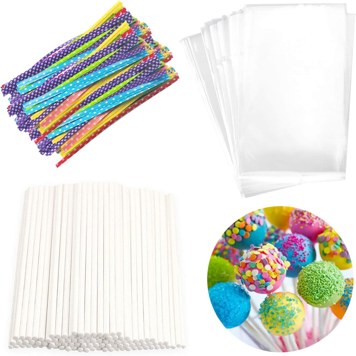 300PCS Lollipop Cake Pop Treat Bag Set Including 100pcs Parcel Bags, Papery Treat Sticks, Gold Metallic Twist Ties for Making Candies, Chocolates and Cookies