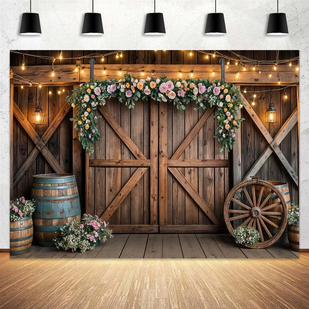 10x8ft Country Wedding Photography Backdrop Rustic Barn Door Photography Backdrop Farmhouse Pink Flower Cabin Wooden Birthday Baby Shower Wedding Bridal Party Banner Photo Booth Props Background