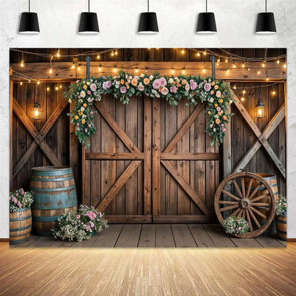10x8ft Country Wedding Photography Backdrop Rustic Barn Door Photography Backdrop Farmhouse Pink Flower Cabin Wooden Birthday Baby Shower Wedding Bridal Party Banner Photo Booth Props Background
