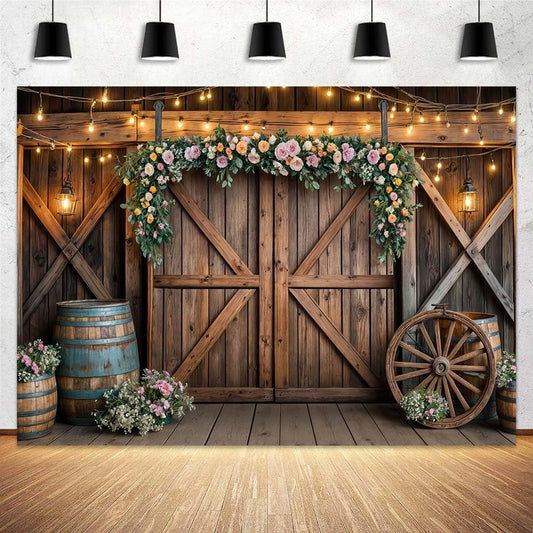 10x8ft Country Wedding Photography Backdrop Rustic Barn Door Photography Backdrop Farmhouse Pink Flower Cabin Wooden Birthday Baby Shower Wedding Bridal Party Banner Photo Booth Props Background