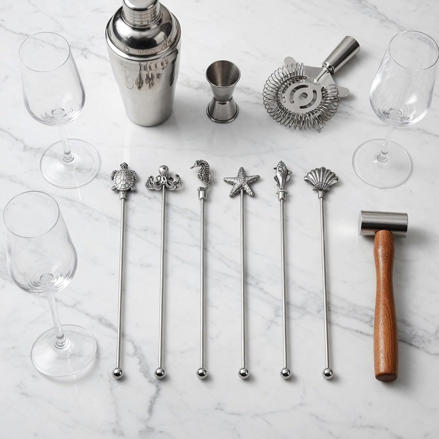 Homestia 7.5" Stainless Steel Cocktail Stirrers with Cute Animal Design, Set of 6 Reusable Swizzle Sticks for Coffee, Martini, Drinks - Dishwasher Safe Metal Bar Tools Stir Sticks