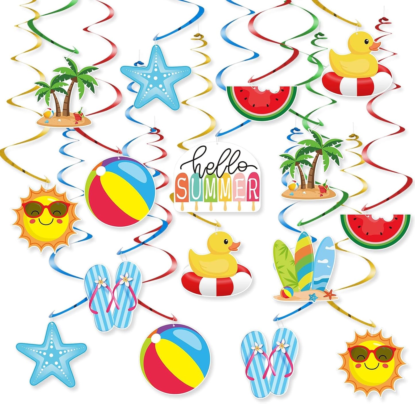 24Pcs Summer Hanging Decorations, Summer Party Ceiling Swirls Cutouts, Beach Theme Hanging Swirls for Home Office Classroom Birthday Beach Party Ceiling Decoration
