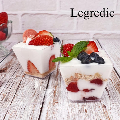 50 Pack 3.5 oz Square Dessert Cups with Spoons, Mini Plastic Parfait Appetizer Cups, Clear Reusable Small Shooter Cups, Serving Bowls for Tasting Party Samples Dessert Shot Glasses