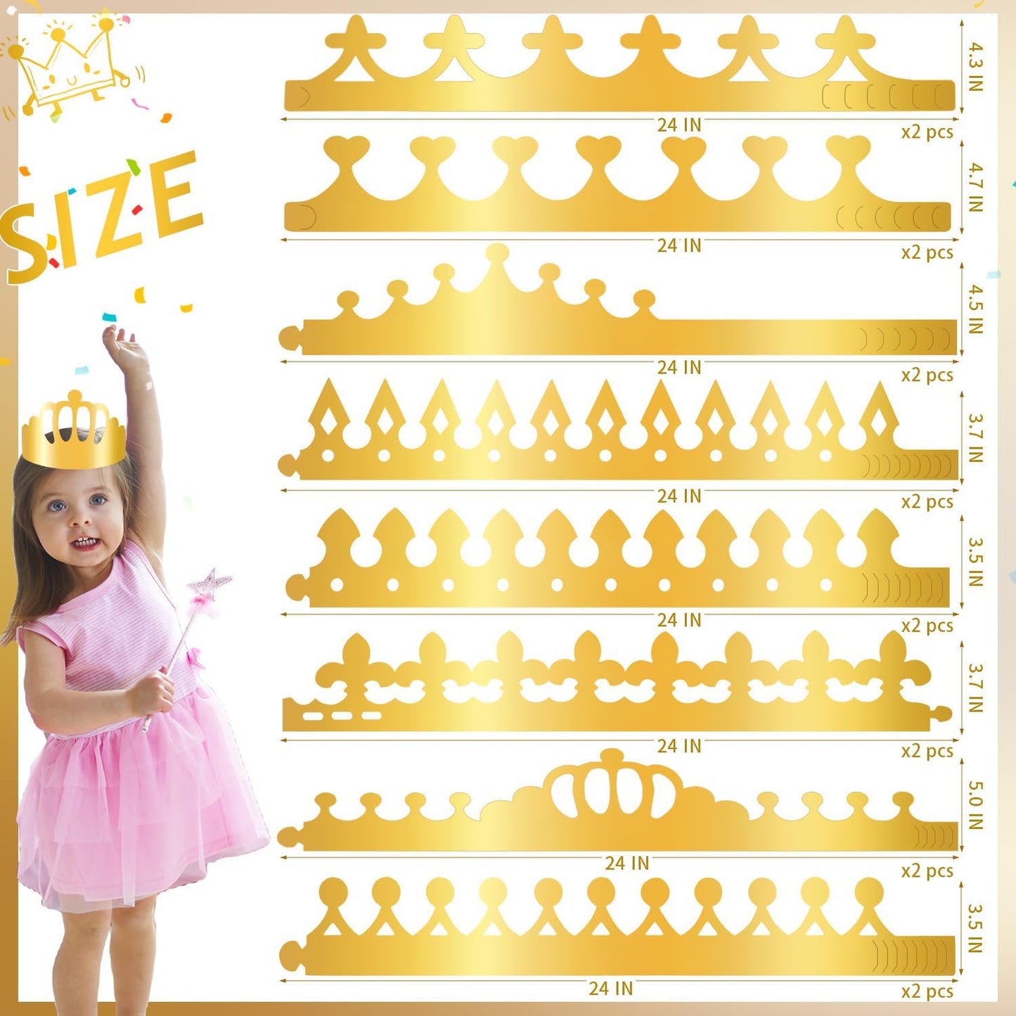 12 pcs Paper Crowns, Birthday Crowns Craft to Decorate with 8 Sheets Gem Jewels Number Letter Stickers, Gold Paper Prince Princess Hats for Party Favor Supplies