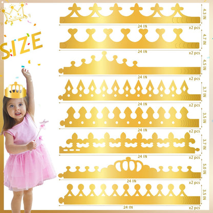 12 pcs Paper Crowns, Birthday Crowns Craft to Decorate with 8 Sheets Gem Jewels Number Letter Stickers, Gold Paper Prince Princess Hats for Party Favor Supplies
