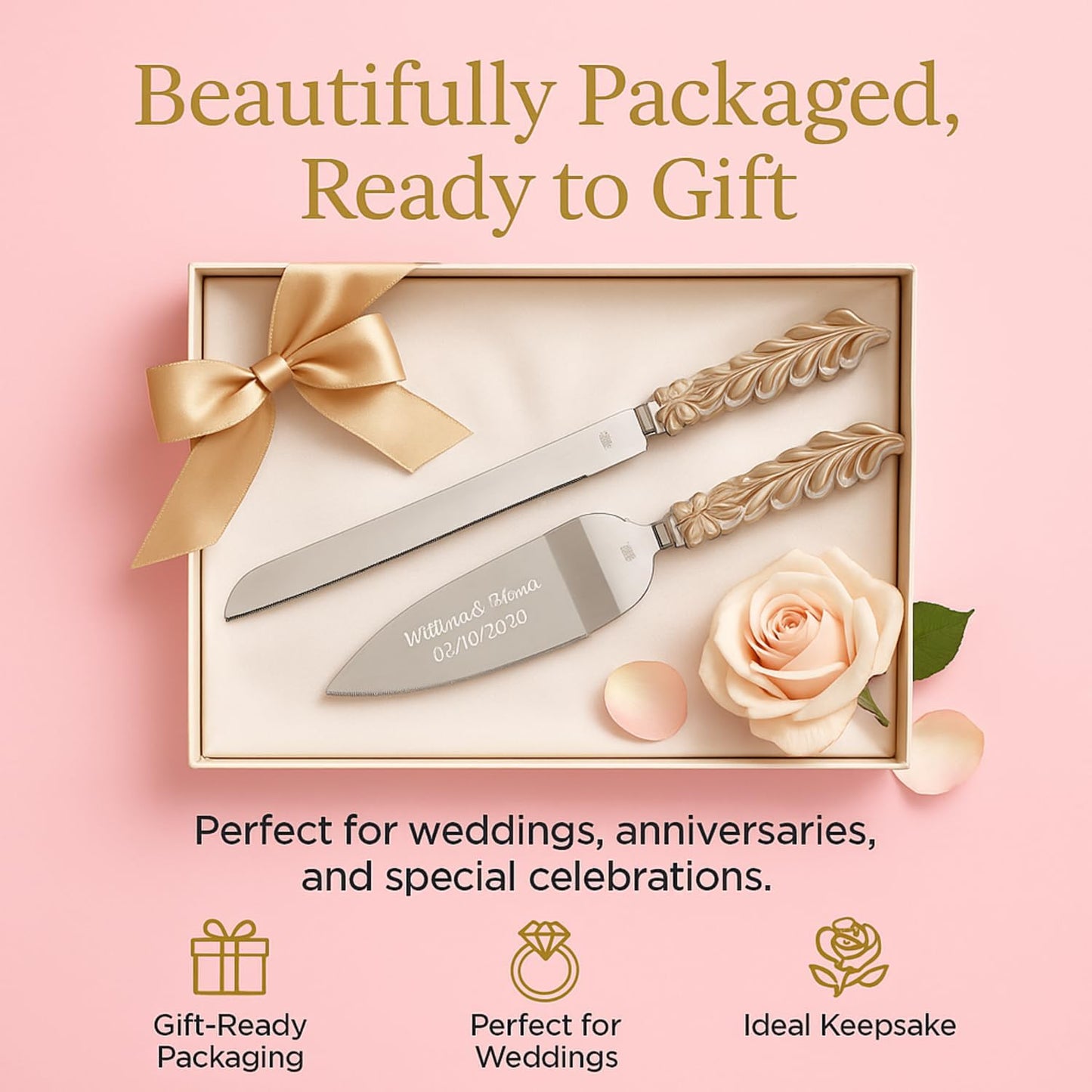 GIFTS INFINITY Personalized Wedding Cake Knife and Server Set with Engraving – Cake Cutting Utensil Set, Keepsake Gift for Wedding, Anniversary, Reception, Birthday & Other Occasions (CH-101WB)