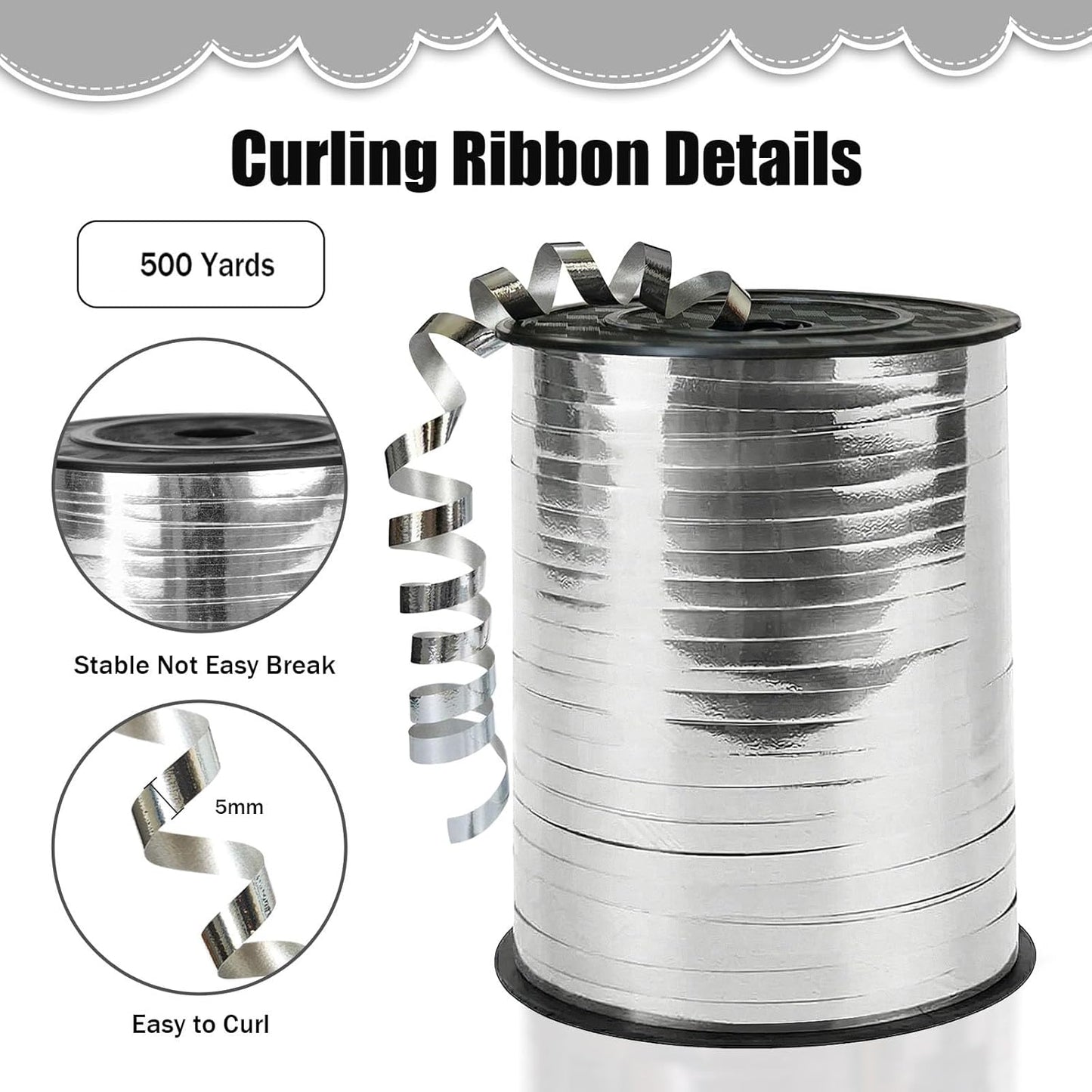 500 Yards Curling Ribbon，Bright Silver Balloon String Ribbon，for Gift Wrapping，Party Decoration, Wedding,Birthday，Art Crafts, Florist Flower
