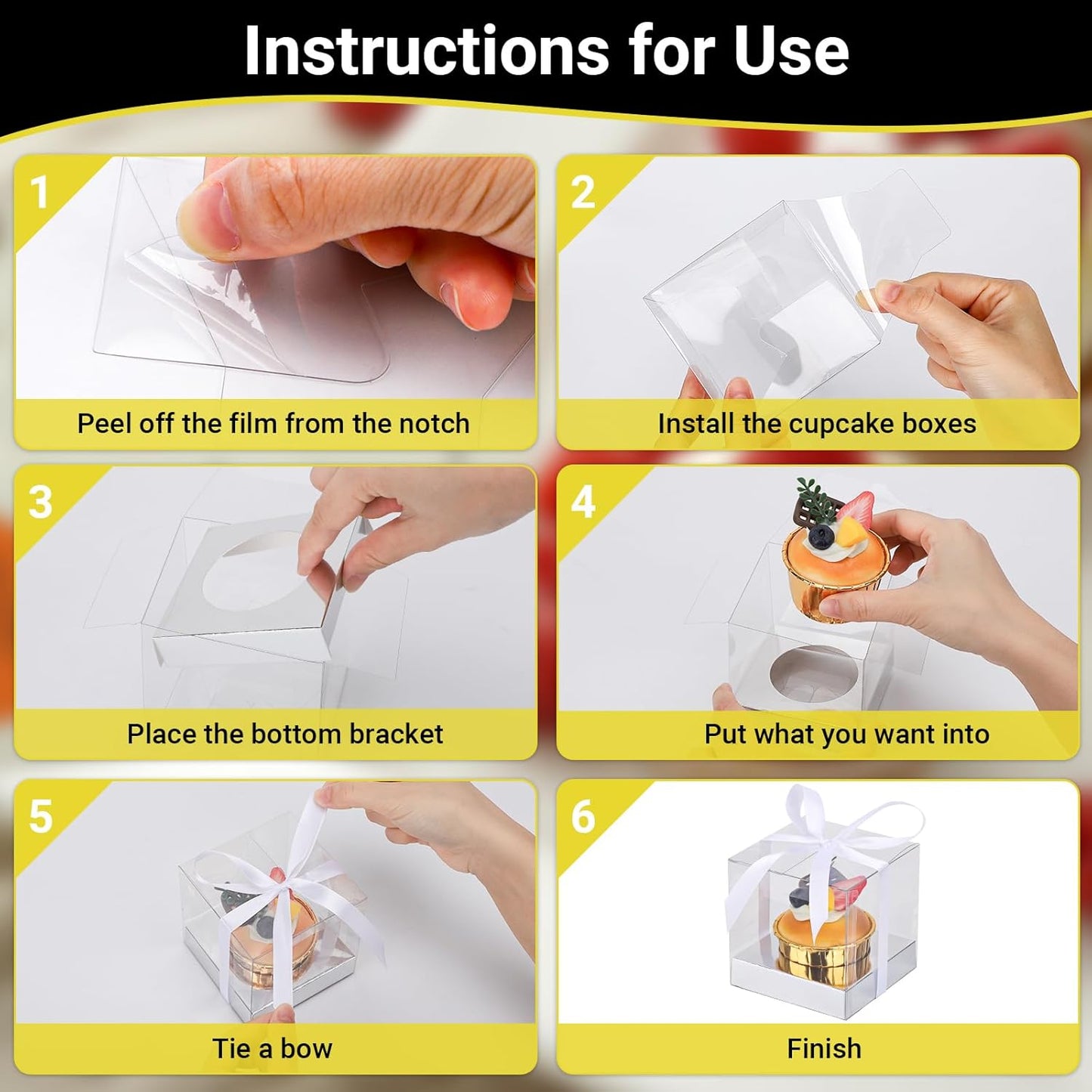 EUSOAR Individual Cupcake Holder, 50pcs 3.5 Inch Plastic Black Cupcake Containers with Lids, Single Transparent Display Clear Cupcake Carrier with Ribbon and Inserts for Wedding Party Favor