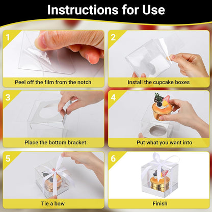 EUSOAR Individual Cupcake Holder, 50pcs 3.5 Inch Plastic Black Cupcake Containers with Lids, Single Transparent Display Clear Cupcake Carrier with Ribbon and Inserts for Wedding Party Favor
