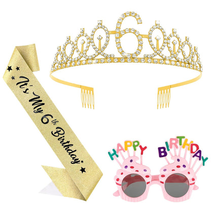 YARIEW 3rd Birthday Decorations, 3rd Glitter Purple Sash and Crown Kit with Happy Birthday Sunglasses, Tiara Princess Crown and Sash Party Outfit Accessory