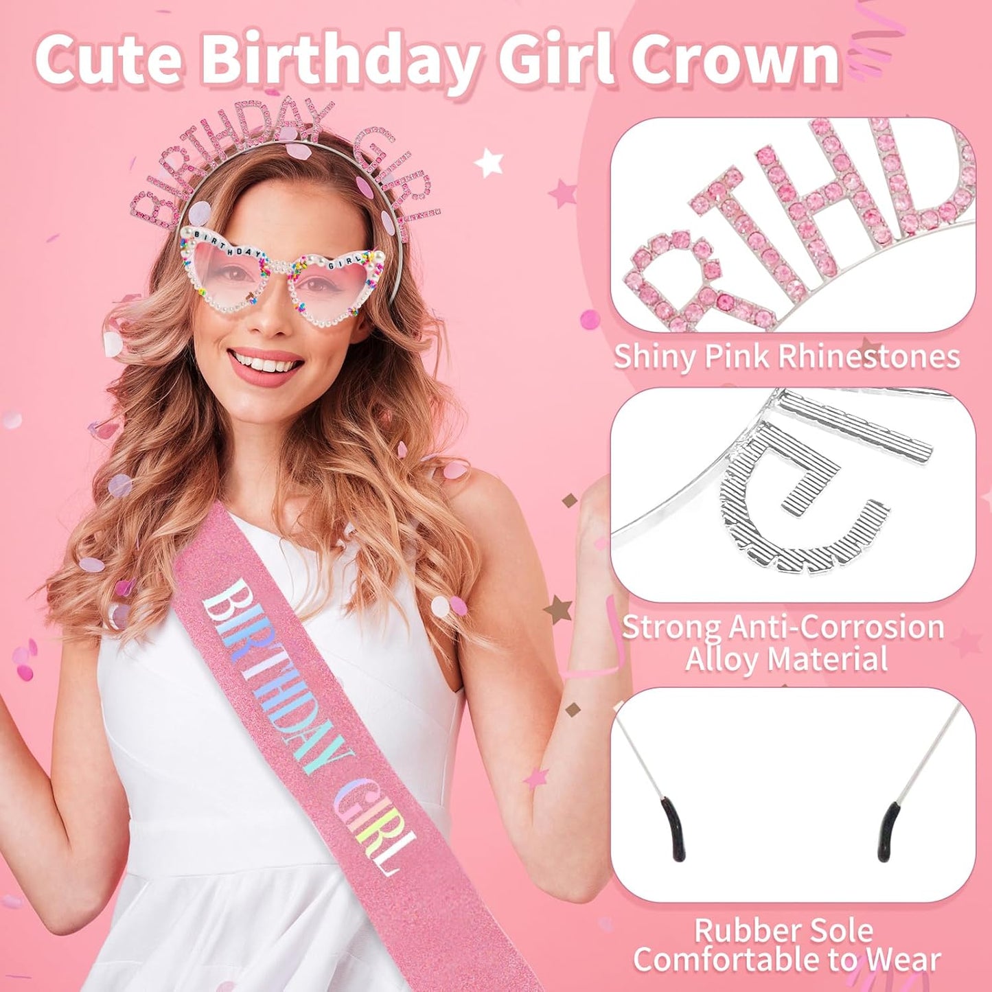 3Pcs Birthday Girl Sash Headband Set-Birthday Sash Tiara and Crown Sunglasses for Girls Women