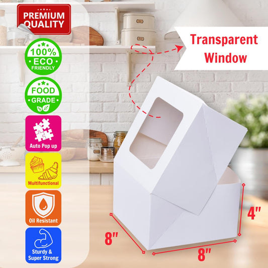 Cake Boxes 8x8x4 Inch 25 Pack with Window, 30 Bonus Sticker, Auto Popup, Extra Thick, Oil Resistant, Ideal for Cookie, Pie, Treat, Pastry, Bakery,For Home Cooker and Restaurant, White
