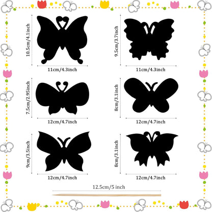 Landhoow 24 Pcs Butterfly Scratch Cards Spring Paper Scratch Butterfly Craft Art Kits with Bamboo Stylus Spring Party Favors for DIY Crafts Home Ornaments in 6 Styles