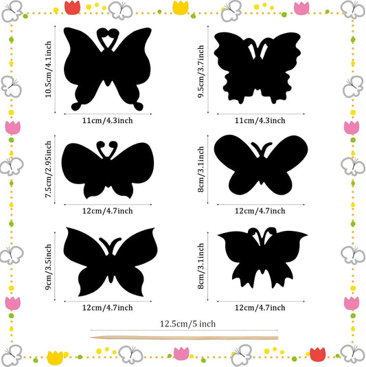 Landhoow 24 Pcs Butterfly Scratch Cards Spring Paper Scratch Butterfly Craft Art Kits with Bamboo Stylus Spring Party Favors for DIY Crafts Home Ornaments in 6 Styles