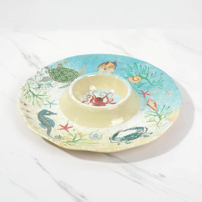 UPware Sea Life Melamine Chip and Dip Serving Tray, Round Serving Platter for Chips, Salsa, Fruit, and Snacks, Multicolor, 13.5 Inch