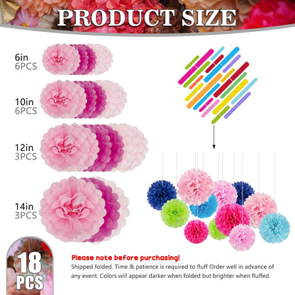 Tissue Paper Pom Poms, Pink Tissue Paper Flowers, Hanging Flower Balls for Weddings Fiesta Parties Birthday Baby Showers Classroom Bridal Shower Decoration (18Piece Set-6/10/12/14Inch)