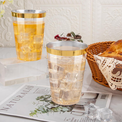 I00000 100 Pack 12 oz Gold Plastic Cups, Gold Rimmed Disposable Cups, Disposable Wine Glasses Cocktail Glasses Premium Cup with Golden Rim, 12 Ounce Plastic Tumblers for Party & Wedding